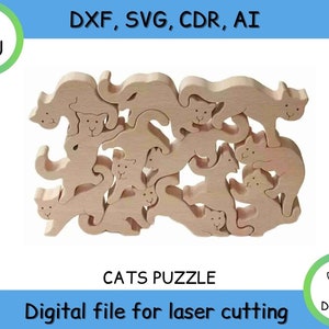 Peut inclure: Un fichier numérique pour la découpe au laser d'un puzzle en bois de chats. Le puzzle est composé de 12 pièces, chacune avec un design de chat différent. Le fichier est disponible aux formats DXF, SVG, CDR et AI.