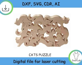 Kattenpuzzel Houten Speelgoed, Laser Cut, Svg, Dxf, CNC Cutting, CNC Router, Digitaal, Vector Bestanden, Instant Download, Plan, Cdr, Dxf, Svg, Ai