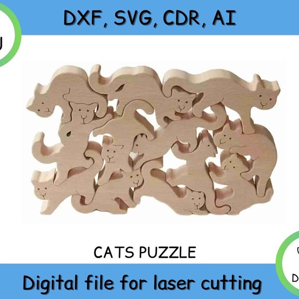 Cat Puzzle Wooden Toy, Laser Cut, Svg, Dxf, CNC Cutting, CNC Router, Digital, Vector Files, Instant Download, Plan, Cdr, Dxf, Svg, Ai