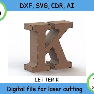 Letra 3D, K, proyecto para corte láser - archivos cnc (DXF / SVG / Ai /CDR) Vector - Descarga instantánea digital