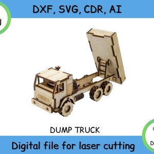 Op de afbeelding: Een houten model van een kiepwagen met een opgeheven laadbak. Het model is klaar om te worden geassembleerd en is ontworpen voor lasersnijden.