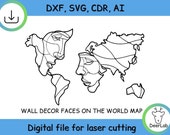 Wall Art Faces Of The World Map Laser Cut, Svg, Dxf, Plan, CNC Cutting, Digital, Vector Files, Instant Download, Cdr, Laser cutting