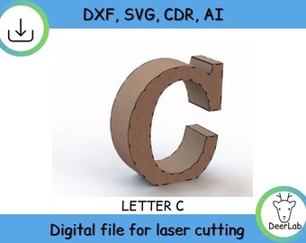 3D letter, C, project for laser cut - cnc files (DXF / SVG / Ai / CDR) Vector - Digital Instant Download