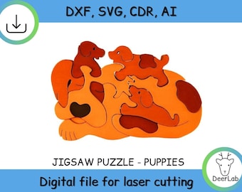 Wooden Paintable Dogs Jigsaw Toys Educational Puzzle Laser Cut Svg Dxf CNC Cutting Router Digital Vector Files Instant Download