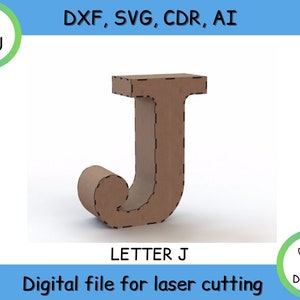 Letra 3D, J, proyecto para corte láser - archivos cnc (DXF / SVG / Ai /CDR) Vector - Descarga instantánea digital