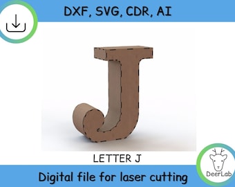 3D letter, J, project for laser cut - cnc files (DXF / SVG / Ai /CDR) Vector - Digital Instant Download