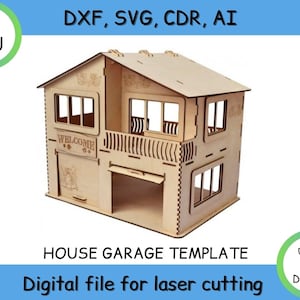 Puede incluir: Una plantilla de casa y garaje de madera cortada con láser con el texto "WELCOME" en la parte delantera. La plantilla está diseñada para corte por láser y viene en los formatos de archivo DXF, SVG, CDR y AI.