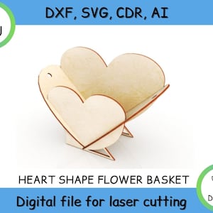 Cesta de flores em forma de coração, arquivo CNC, vetor dxf, cdr, svg para CNC, arquivo vetorial, arte vetorial digital, cnc, download instantâneo