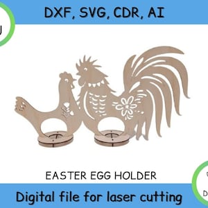 Egg stand, Easter chicken rooster, cnc from plywood digital file for laser cutting, the decor of plywood DXF, CDR, SVG, Ai, instant download