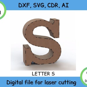 May include: A digital file for laser cutting a 3D cardboard letter S. The letter is brown and has a dashed line pattern. The file is available in DXF, SVG, CDR, and AI formats.