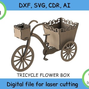 Cesta de bicicleta, caixa de flores suporte cesta presente decoração de madeira corte a laser arquivo CNC arte vetorial DXF CAD modelo de silhueta modelo de lembrança
