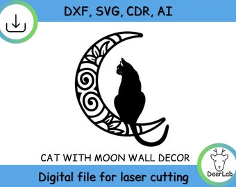 Wooden Cat Wall Decor, Cat on Moon, Wall Art, Wooden Animal Decor, Home Decor, Gift ,instant download, vector files, dxf, svg, ai, cdr
