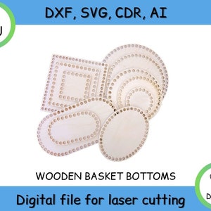 Könnte beinhalten: Ein Satz aus Holz-Korbböden in verschiedenen Größen und Formen, darunter rund, oval und quadratisch. Die Böden sind für den Laserschnitt konzipiert und eignen sich perfekt für Bastelprojekte.