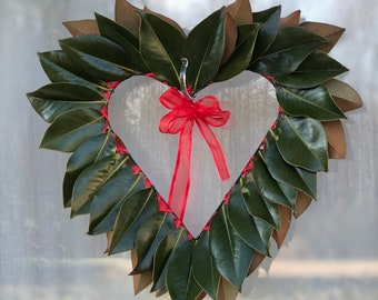 Heart Shaped Fresh Magnolia Leaves Wreath; Front Door Decor; Window Decor; Gift for Her; Wedding Decor; Birthday Wreath; Mother's Day Gift