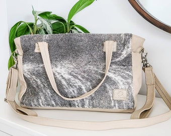 Unique gray and white cowhide leather diaper bag. Beige real leather mommy and me bag. Rustic hair on cowhide leather diaper/ travel bag.