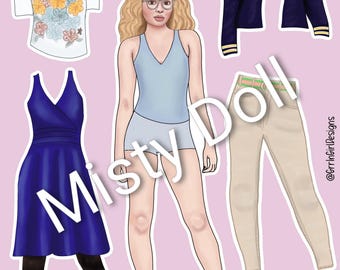 PREORDINE - Bambola di carta adesiva riutilizzabile con fan art di Misty Quigley dei Yellowjackets, stile anni '90, ideale per vestire i personaggi.