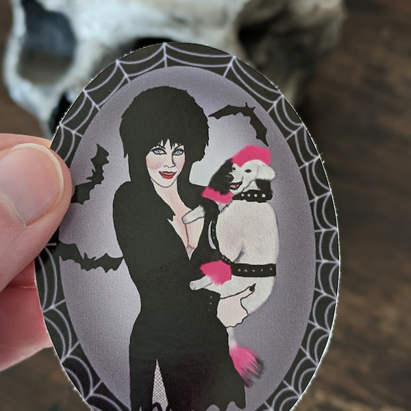 Elvira Mistress of the Dark and Gonk the Dog Sticker- Spooky, Goth, Punk, Haunted, Witchy Spider Webs, 80s pop cult tv show, comedy horror