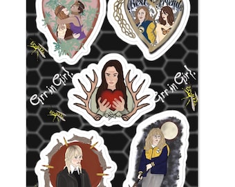 Yellowjackets Teen Characters sticker sheet: Lottie, Shauna and Jackie, Van, Tai, Misty, Natalie, antler queen, wilderness, horror fan art