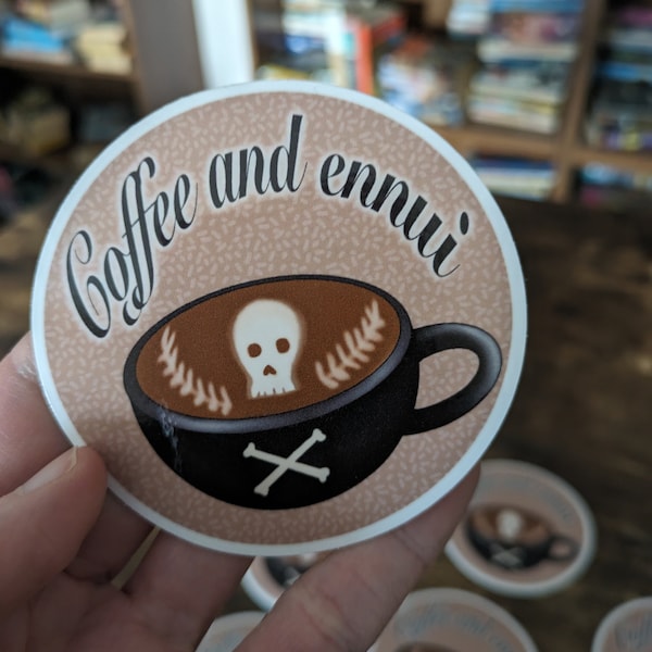 Coffee and Ennui Skull and Crossbones Latte Art Glossy Waterproof Vinyl Sticker gift for coffee lovers, barista, angsty, goth, dark humor