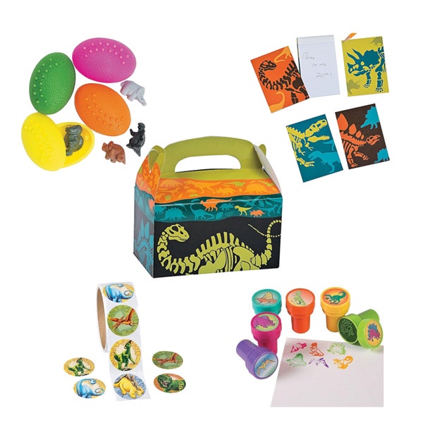 160 Piece Dinosaur Kid's Party Favor Bundle Pack -12 Goody Favor Treat Boxes, 12 Stampers, 12 Notepads, 12 Dino Eggs, 100 Piece Sticker Roll