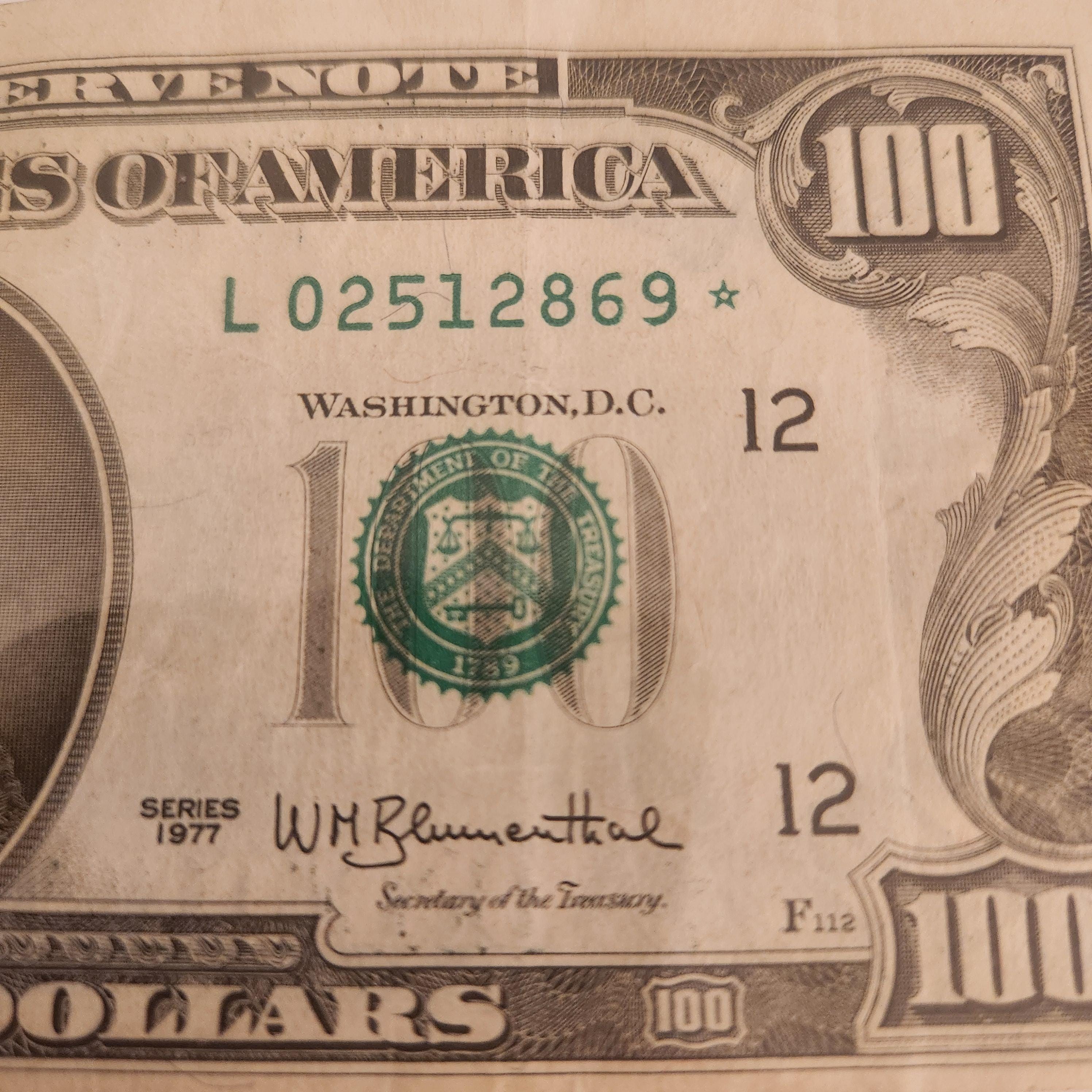 1977 100 Dollar Federal Reserve STAR Note FRN United States Green