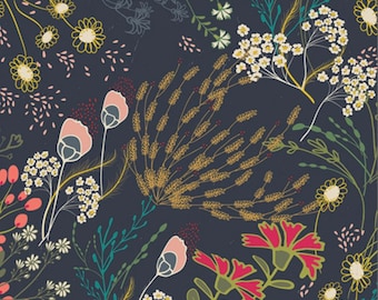 May include: A dark blue fabric with a floral pattern featuring pink, red, yellow, and gold flowers. The fabric has a repeating pattern of various flowers and leaves.