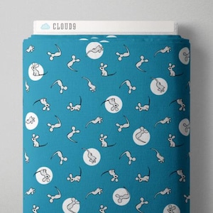 May include: A turquoise blue fabric with a repeating pattern of white circles and gray mice. The mice are in various poses, some are standing on their hind legs, some are sitting, and some are jumping. The fabric is perfect for crafting projects, quilting, and sewing.