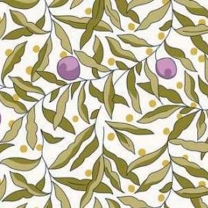 Puede incluir: Patrón repetitivo con hojas verde oliva, pequeños puntos amarillos y ciruelas moradas sobre un fondo crema. El diseño recuerda una ilustración botánica, adecuado para tela o papel pintado.