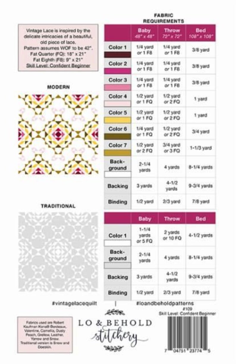 Vintage Lace Quilt Pattern by Lo & Behold Stitchery paper Etsy