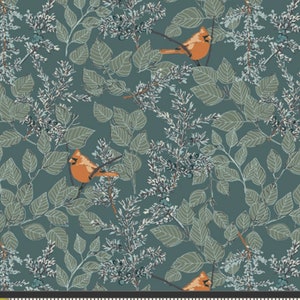 May include: A teal blue fabric with a repeating pattern of orange cardinals perched on branches with green leaves and white berries.