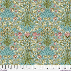 May include: A patterned fabric featuring a repeating floral design in teal, green, pink, and cream. The symmetrical pattern includes stylized flowers and foliage, giving a vintage or classic appearance. The fabric is suitable for various craft projects.