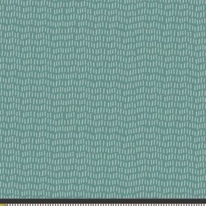 May include: A teal fabric with a white, abstract pattern of small dashes. The fabric has a subtle texture.
