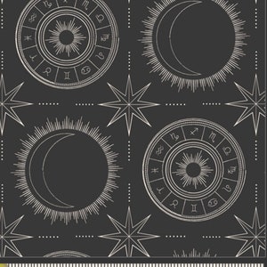 May include: A black and white repeating pattern featuring a crescent moon, a star, and a zodiac wheel with the astrological signs. The background is black.