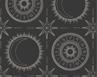 May include: A black and white repeating pattern featuring a crescent moon, a star, and a zodiac wheel with the astrological signs. The background is black.