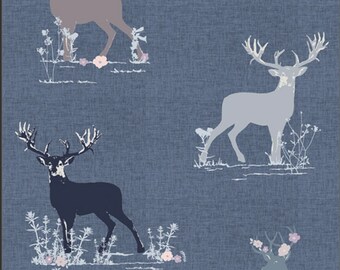 May include: A blue fabric with a repeating pattern of white deer silhouettes. The deer have antlers and are standing in a field of white flowers.