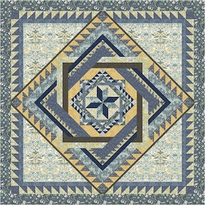 May include: A quilt with a geometric pattern in shades of blue, yellow, and brown. The quilt is made up of squares and triangles, and the center of the quilt features a starburst design.