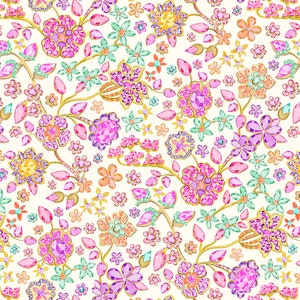 May include: A seamless pattern featuring a white background with a repeating design of pink, purple, and yellow flowers made of sparkling jewels. The flowers are outlined in gold and have a delicate, whimsical feel.