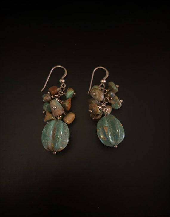 with green semi-precious stone and spiral aventurine pearl unique handmade jewel for women Solid silver earring