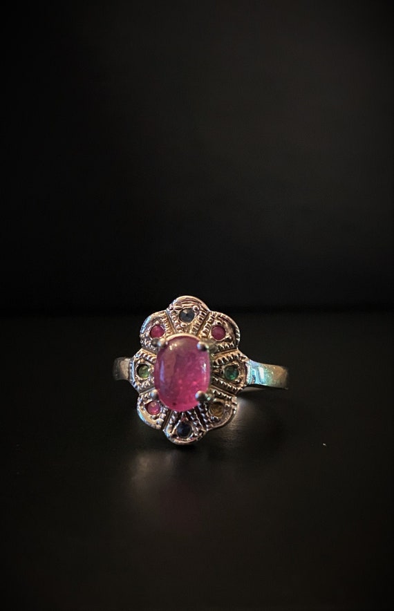 Floral Sterling Silver Ruby Ring (Size 6.75)