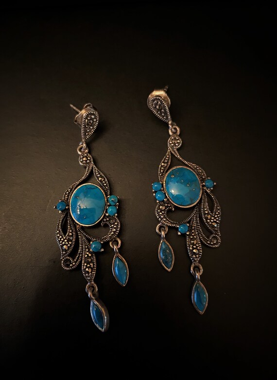 Gorgeous Turquoise & Marcasite Dangle Earrings - image 3