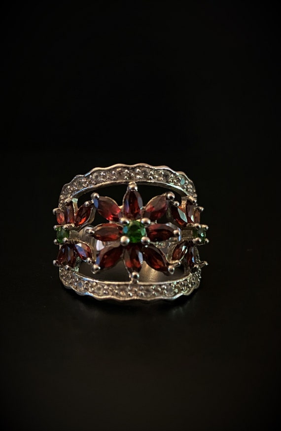 Gorgeous Sterling Red and Green Rhinestone Flower 