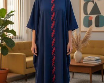 Blue Knit Caftan - Luxe jersey with vintage embroidered center detail OOAK