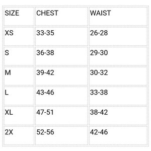May include: A chart showing clothing sizes with corresponding chest and waist measurements in inches. The sizes listed are XS, S, M, L, XL, and 2X.