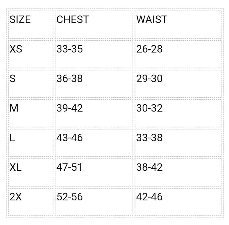 May include: A chart showing clothing sizes with corresponding chest and waist measurements in inches. The sizes listed are XS, S, M, L, XL, and 2X.