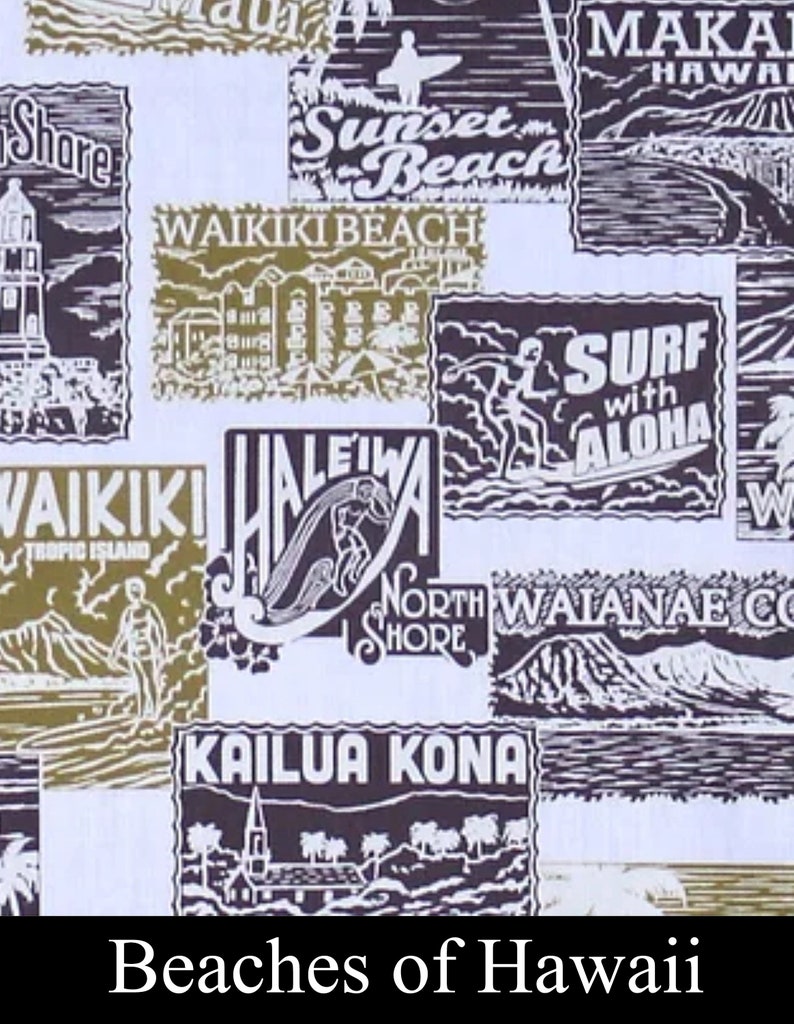 Op de afbeelding: Een vintage stijl illustratie van verschillende Hawa&iuml;aanse stranden, met tekst die "Sunset Beach", "Waikiki Beach", "Surf with Aloha", "North Shore", "Makai Hawaii", "Kailua Kona", en "Waikiki, tropic island" zegt.