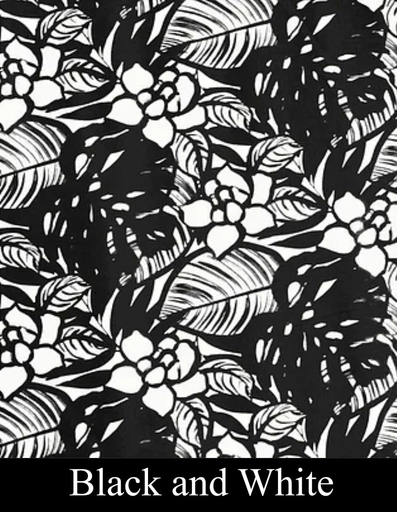 Op de afbeelding: Zwart-wit bloemenpatroon met bladeren en bloemen. Het ontwerp is een herhalend patroon.