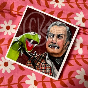 Impressão artística do cartão comemorativo de Halloween Caco, o Sapo e Vincent Price