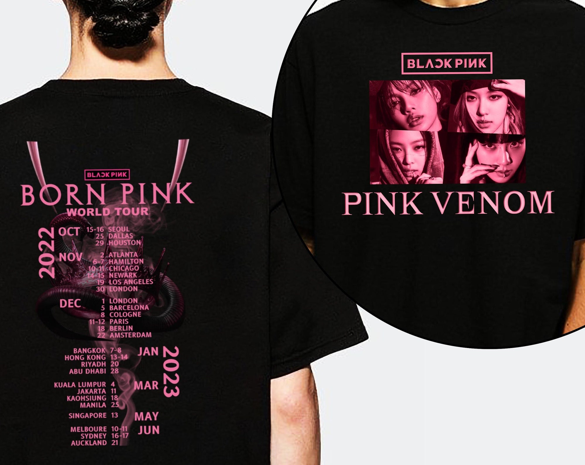 Discover Camiseta de Doble Cara Black Pink Born Pink World Tour 2022 2023 Álbum Pink Venom para Hombre Mujer