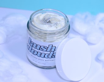Nubes Kush / Mantequilla corporal de cuarzo / Infusión de cristal / Vegano, Natural, A base de plantas, Libre de crueldad / Cuidado de la piel / Manteca de karité batida