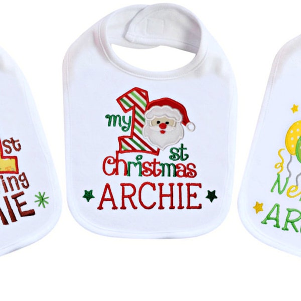 First Holiday Bibs 3 Holiday Bib Set, 1st Thanksgiving, 1st Christmas,1st New Year. Personalized with baby  Name